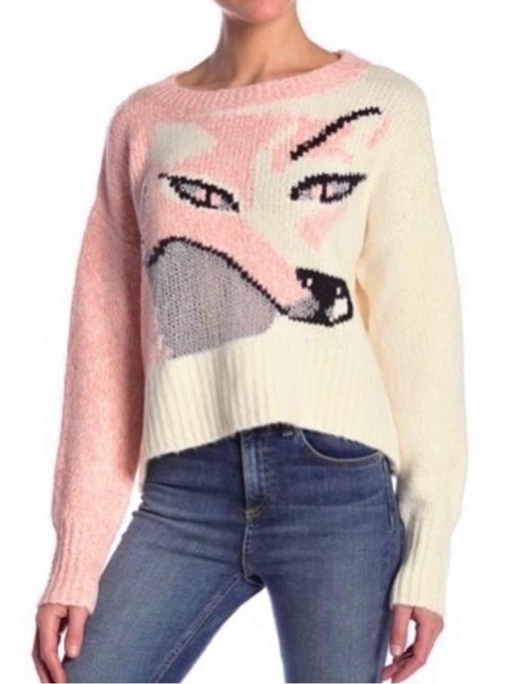 Wildfox Fox Sable Intarsia Knit Sweater Taupe Cream Rose Pink Size Large